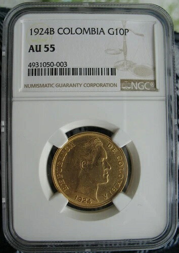 コロンビア シモン・ボリバル 1924-B 金貨 10ペソ NGC AU-55 553,080円