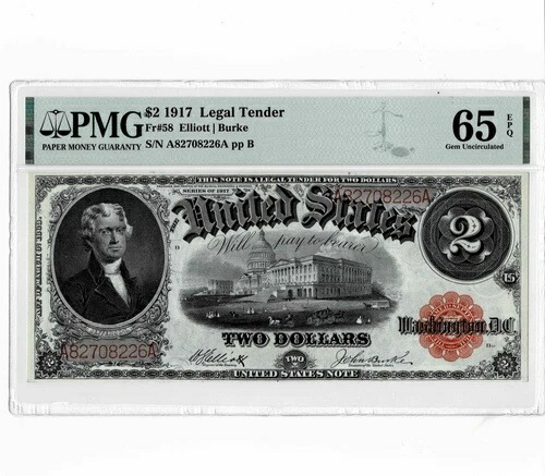 1917 年 2 ドル法定通貨 Fr. 58 Elliot/Burke PMG 65 EPQ --高品位!!