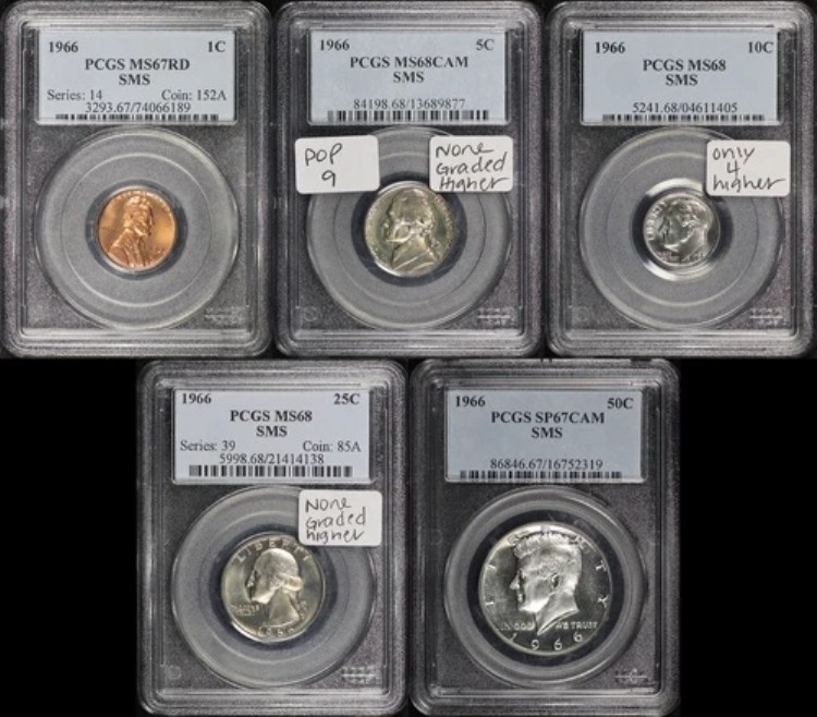 1966 SMS 1C、5C、10C、25C、および 50C 5 個セット PCGS MS-67/68 - ローポップ、トップポップあり!