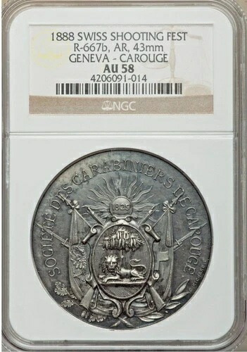 非常に希少なスイス製 1888年 ジュネーブ・カルージュ射撃祭 銀メダル R-667b NGC AU58