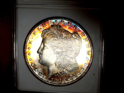モーガン シルバー ドル 1880 S OLD ANACS MS 64 PL モンスター レインボー ミント エラー すごい!