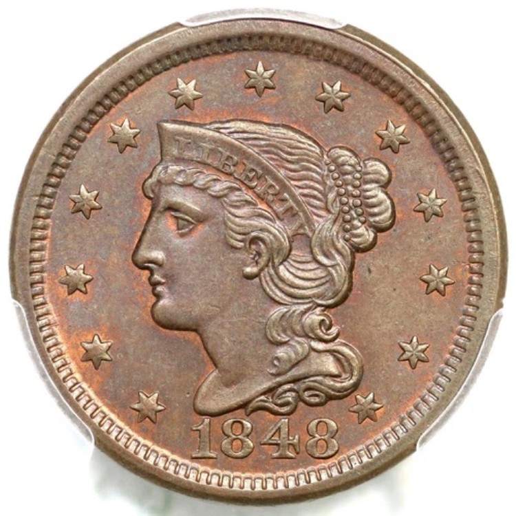 1848年 N-21 R-3 PCGS MS 64 BN 編み込みヘア ラージセントコイン 1セント