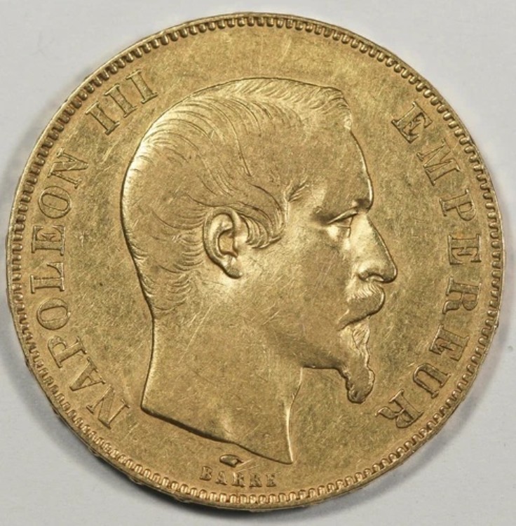 フランス 1857 A 50フラン金貨 チョイス AU ナポレオン3世 KM#785.1 0.4667オンス AGW
