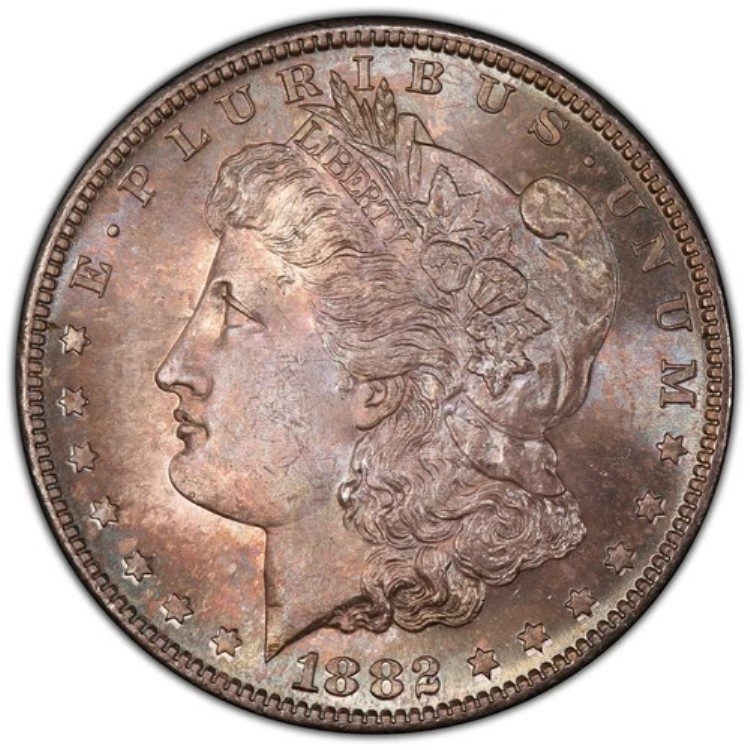 1882-S 1ドル モルガン・ダラー PCGS MS67 - 魅力的なシーグリーンと赤褐色の宝石