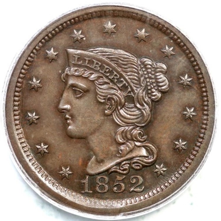 1852年 N-20 R-3 PCGS MS 64 BN 編み込みヘア ラージセントコイン 1セント