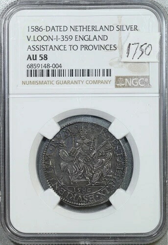 1586年 オランダ銀貨 V. ルーン I-359 イングランド 地方援助 NGC AU58 8-004
