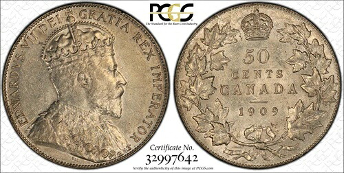 1909年カナダ50セント - ハーフドル - ほぼ未使用、PCGS AU53|WORLD RESOURCE【KING店】
