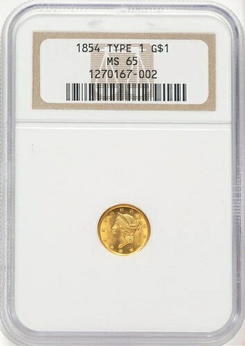 1854年 G$1 T-1 金貨 NGC MS65