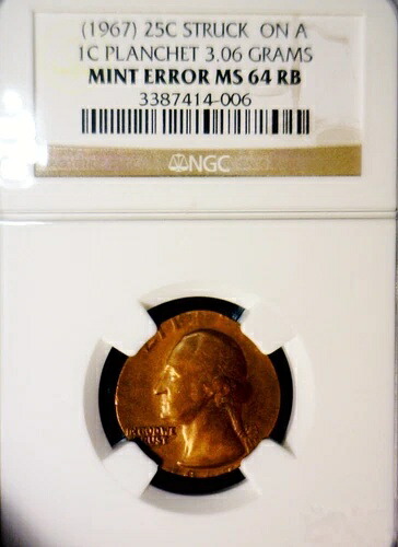 1967年 エラー NGC MS64 オフメタル ワシントン クォーターセント 間違ったプランシェット CH BU コイン