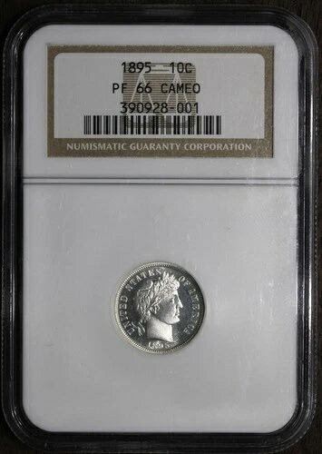 1895年（PF66カメオ）プルーフバーバーダイム10セントNGC - 素晴らしいコントラスト