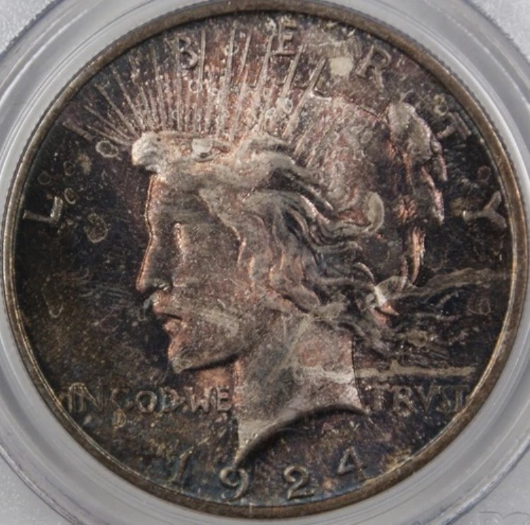 1924年ピースシルバードル、PCGS MS-64 *美しい色調* 色調