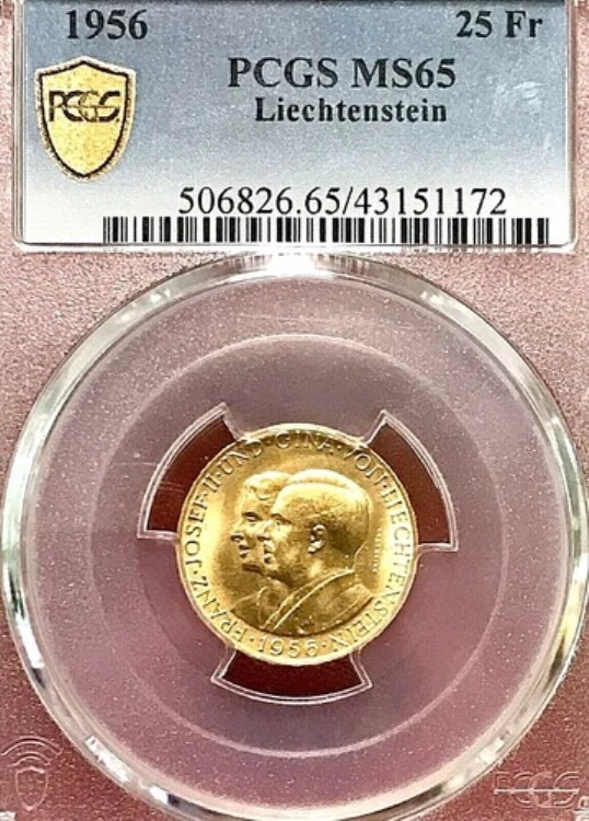 1956年 リヒテンシュタイン 25フランケン .900 ゴールド PCGS MS-65 524,920円