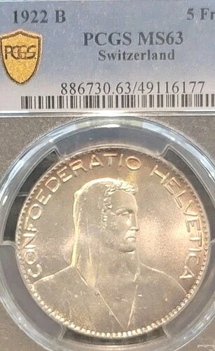 スイス 1922 5 FR、Superb Gem BU、サテンラスター/シャープディテール PCGS 63++PQ