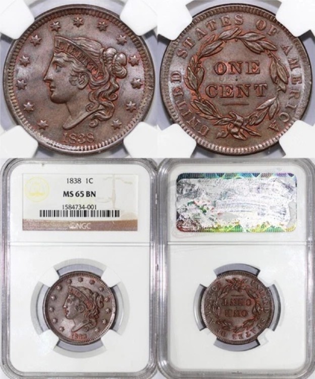 1838年 1セント N-3 コロネットまたはマトロンヘッド ラージセント NGC MS 65 BN 524,920円