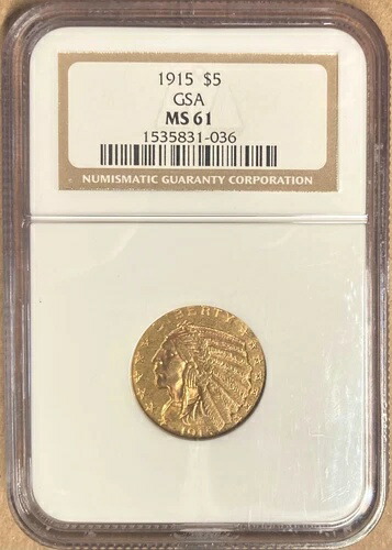 1915年 NGC MS61 インディアンヘッド 5ドル金貨 ハーフイーグル - GSA