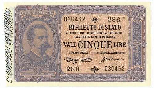 5 リラ BIGLIETTO DI STATO EFFIGE UMBERTO I 01/03/1883 qFDS