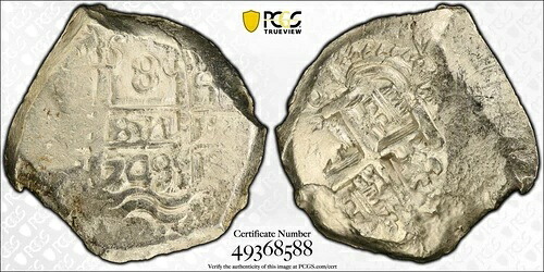 1749 P q ボリビア 8 レアル コブ ~ PCGS MS 61 ~ フルデート ~ ハンマー加工ストレートグレーディング