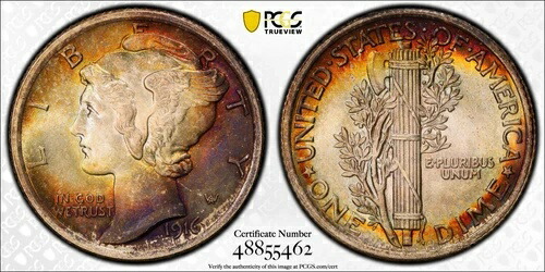 1916年 PCGS MS67FB フルバンド マーキュリーダイム