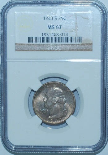 1943年 S NGC MS67 ミディアム S FS-502 ワシントン クォーター