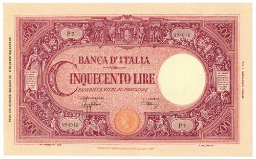500 リラ BARBETTI GRANDE C TESTINA FASCIO 1943/03/31 FDS-/FDS