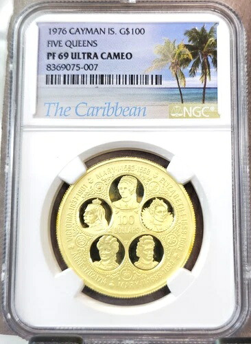 1976年 ケイマン諸島 金貨 100ドル ファイブ・クイーンズ NGC PF 69 ウルトラカメオ トップポップ
