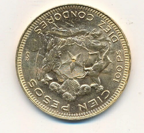 1974年コイン、チリコイン、100ペソコイン、フルオリジナル光沢、地金