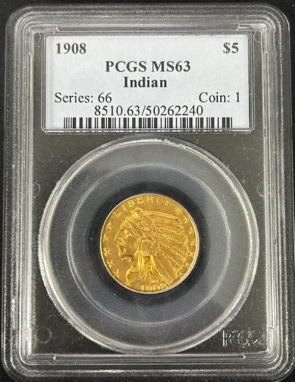 Pcgs MS 63 1908 $5.00 ゴールドインディアンヘッド｜WORLD RESOURCE【KING店】