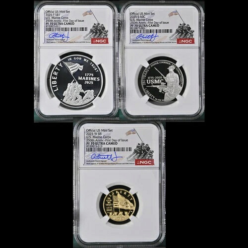 3枚セット 2025-W プルーフ $5 $1 50セント 米海兵隊 金銀 250周年 NGC PF70｜WORLD RESOURCE【KING店】
