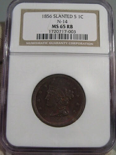 希少な BU GEM 1856 斜めの「5」ラージ セント NGC MS65 RB N-14 バリエーション。｜WORLD RESOURCE【KING店】 603,240円