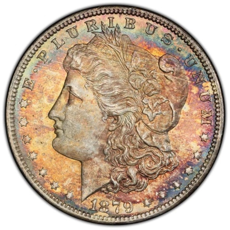 1879-S 1ドル紙幣（1878年モルガン・ダラー、PCGS MS63）の裏面、優れた色調画像