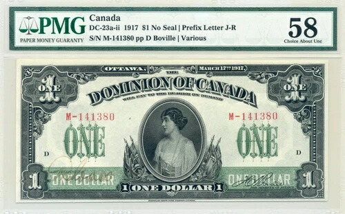 1917年 カナダドル 1ドル 自治領、シールなし - チョイス・アバウト・アンサーキュレイテッド、PMG AU58