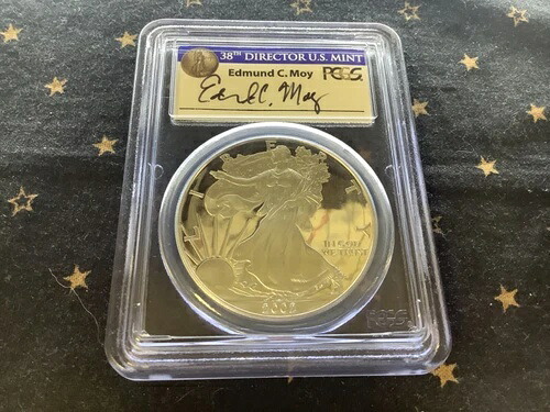 2002-W アメリカン シルバー イーグル PCGS PR69DCAM、Edmund C. Moy 直筆サイン入り!