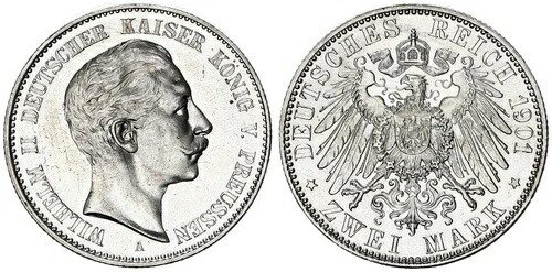 プロイセン 2マーク シルバー 1901年 皇帝ヴィルヘルム2世 希少年 ほぼ聖人 128763 342,540円
