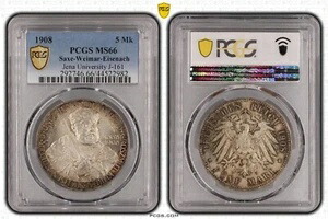 コイン シルバー ザクセン ワイマール アイゼナハ 5 マーク 1908 ユニ イエナ PCGS MS66 nswleipzig