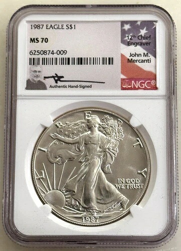 1987年 1ドル アメリカン シルバー イーグル NGC MS70 メルカンティ サイン入り - 問題のないコイン