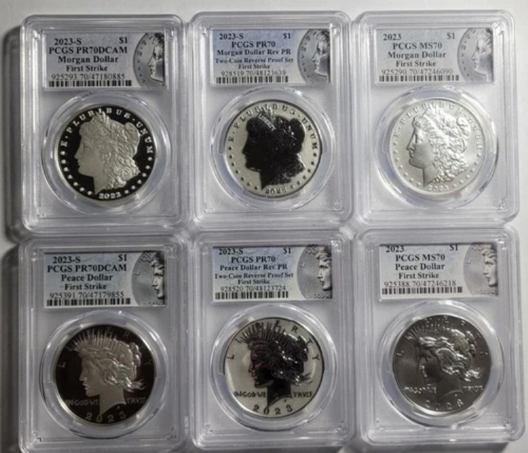 2023 PCGS MS70 PR70 リバース モーガン・ピース シルバードル 6枚セット ファーストストライク