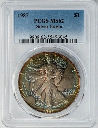 1987年 アメリカンシルバーイーグル $ MS62 PCGS ~ カラー! 949483-1
