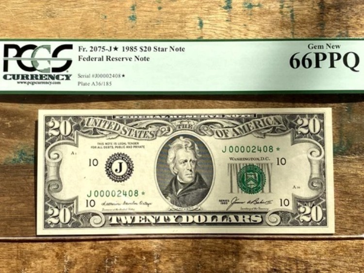 $20 1985 2075-J* カンザスシティ STAR PCGS 66PPQ - 下部シリアル STAR 00002408