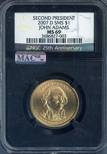 2007-D ジョン・アダムズ・ドル NGC MS69 SMS 第2代アメリカ大統領 - ブラックホルダー