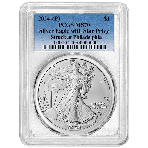 2024年 (P) $1 1オンス アメリカン シルバー イーグル スター プリヴィ PCGS MS70 ブルーラベル