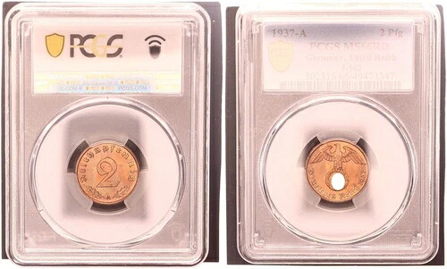 3RD ライヒ 2 フェニヒ 1937 A J-362 MS66RD ブリリアント 未流通 118874