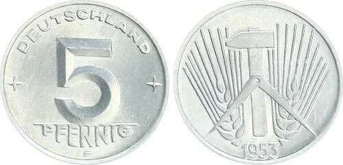 5 Pfennig DDR 1953 E、未流通 (2) 宝石品質