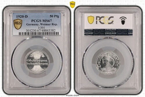ワイマール Rep. 50 フェニヒ 1920 D J-301 MS67 ブリリアント 未流通 112408