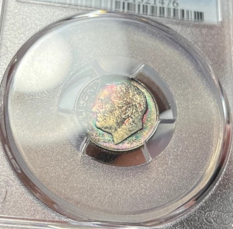 1958-D 10C MS67 FB PCGS トーン ローズベルト シルバー ダイム - ミントセット レインボートーン
