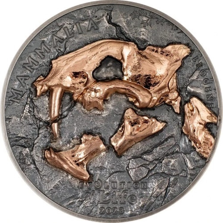 2023年 モンゴル 5 トグログ 生命の進化 NIMRAVIDAE 1オンス .999 シルバー ハイレリーフ