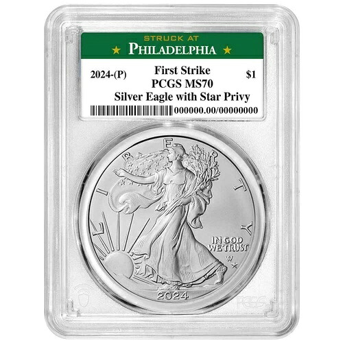 2024年 (P) 1ドル アメリカン シルバー イーグル スター プリヴィ PCGS MS70 FS フィラデルフィア ラベル