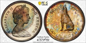 PR66 1967 50C カナダ ウルフ シルバー 50セント プルーフ、PCGS トゥルービュー - レインボートーン画像