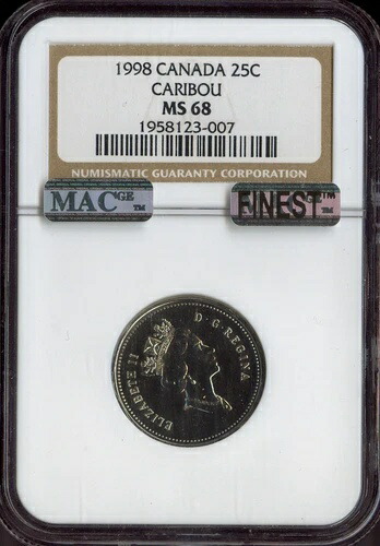 1998年カナダ25セント25セントカリブーNGC MS68 MAC品質