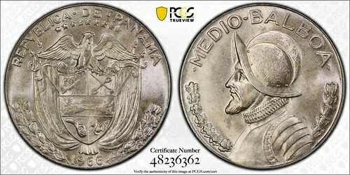 パナマ 1966年 1/2バルボア タイプ1 KM# 12a.1 PCGS MS 64 シルバー 0.900 Ley NICE