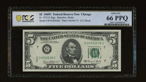 DBR 1969-C $5 FRN シカゴ ジェム Fr. 1972-G PCGS-B 66 PPQ シリアル G14592636C|WORLD RESOURCE【KING店】